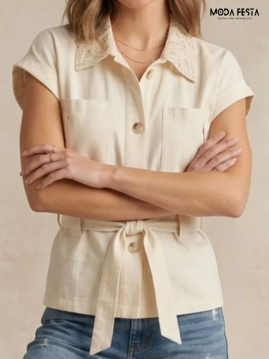ModaFesta -Lace Collar Button-Down Top with waist-tie